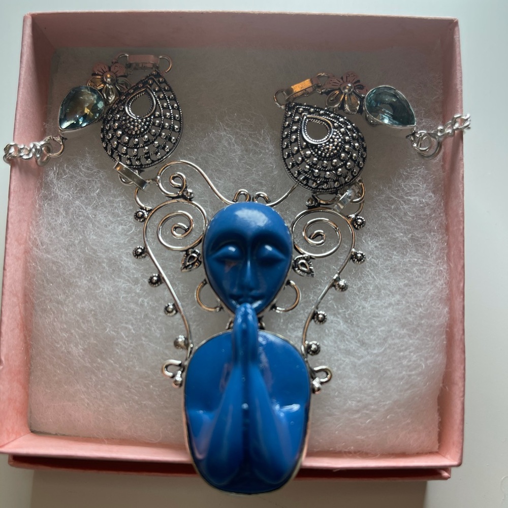 Goddess carved praying face blue Necklace